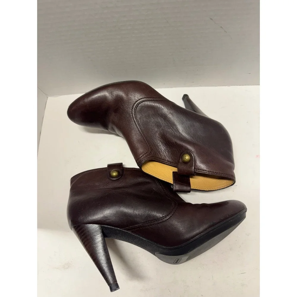 Coach Aliza Dark Brown Leather Ankle Boots Button Detail Stiletto Heels 8 B
